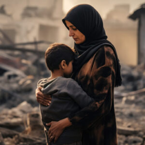 Poverty and poorness on the children face. Sad little kid. Refugee. City destroyed by bombs or earthquake